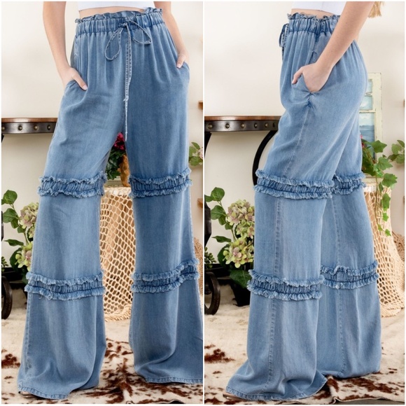 BlueVelvet Stretchy High Waisted Pockets Tencel Wide leg Pants - Picture 1 of 3